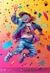 Energetic Child Dancing Among Colorful Background. Generative ai