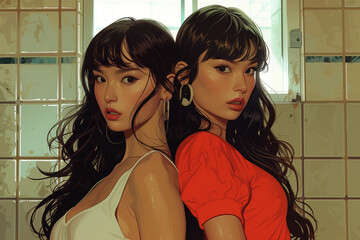 A detailed illustration of two beautiful Korean women with long hair and bangs