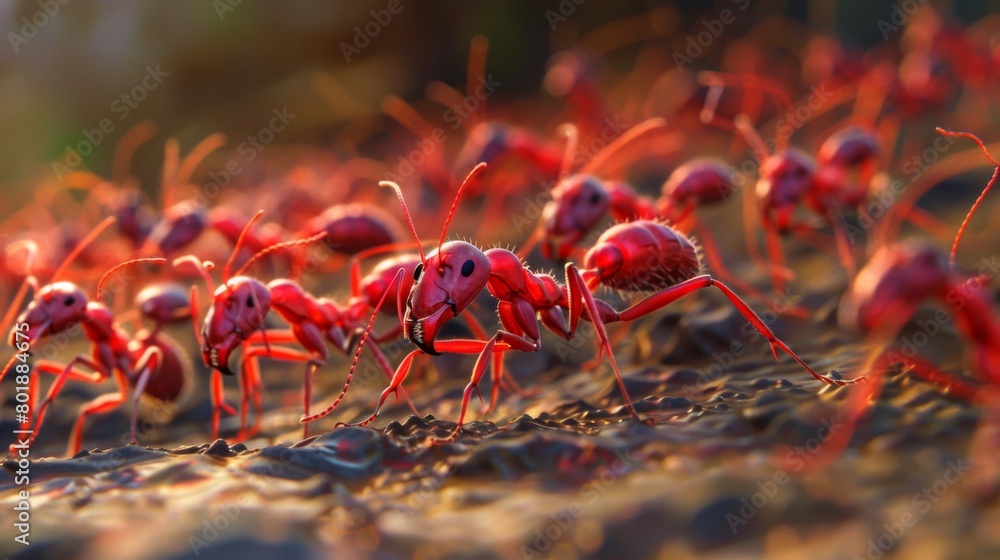 Poster An army of red ants marching in formation, determined and unified in their quest for resources.