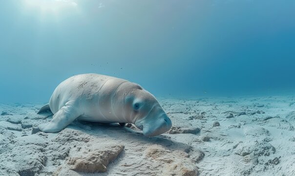dugong feeding sea grass on seabed.