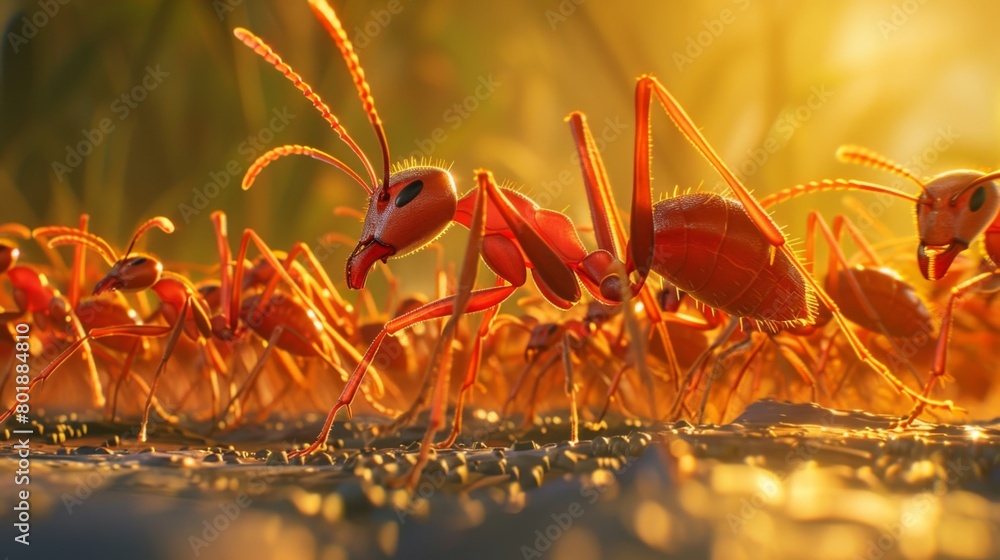 Poster An army of red ants marching in formation, determined and unified in their quest for resources.