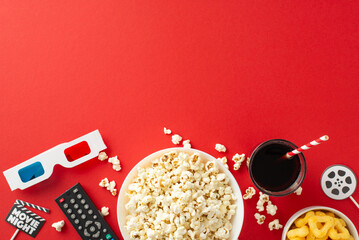 Curate a cozy home theater ambiance with top view of popcorn, snacks, soda, 3D glasses, and remote...