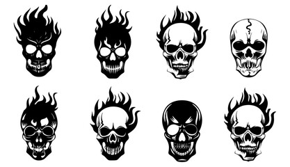 black and white tattoo skull and fire logo or icon