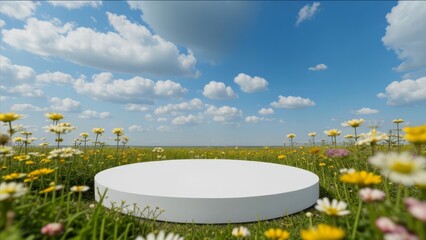 Round podium under the clouds on a field with flowers.