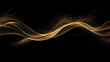 Abstract golden wave with sparkling particle stars and dust, set against a dark background for a luxury feel,