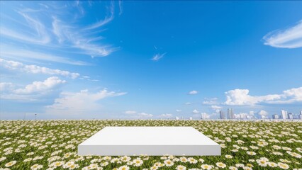 Square podium on a field of daisies.