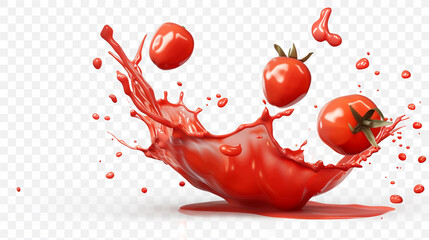 Red paint splash. Tomato Strawberries. Tomato ketchup sauce splashes or red liquid tomato juice  isolated on a transparent background