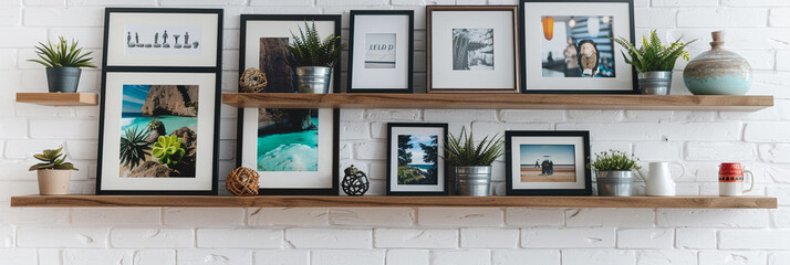  A set of floating shelves holding a mix of framed photographs, potted plants, and decorative objects against a white brick wall