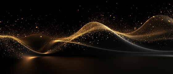 Golden particles and sparkling light creating an abstract wave on a black background for luxury designs,