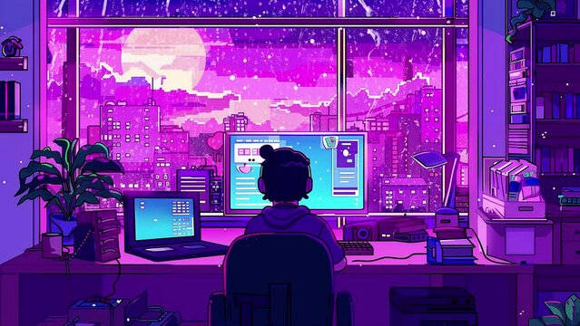 16-bit pixel art in purple and pink, a scene of a computer in a cozy room on a rainy day, with an ASMR concept.