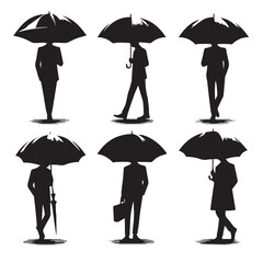 Vector set of people silhouette using umbrella with simple silhouette design style