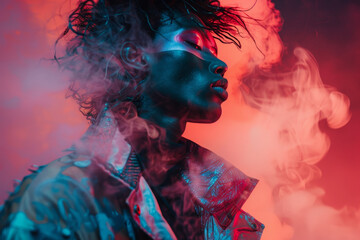 Capture a male model in a fashion editorial with a conceptual theme, mixed futuristic and vintage, or avant-garde, using creative styling and props to convey the theme.