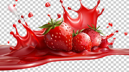 Red paint splash. Tomato Strawberries. Tomato ketchup sauce splashes or red liquid tomato juice  isolated on a transparent background