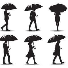 Vector set of people silhouette using umbrella with simple silhouette design style