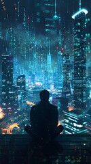  Philosopher in Contemplative Pose Surrounded by Abstract Data Reality