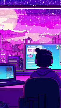 16-bit pixel art in purple and pink, a scene of a computer in a cozy room on a rainy day, with an ASMR concept.