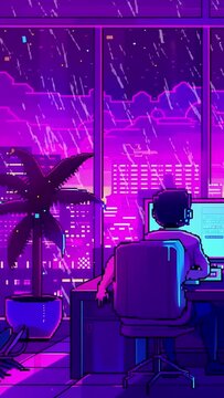 16-bit pixel art in purple and pink, a scene of a computer in a cozy room on a rainy day, with an ASMR concept.