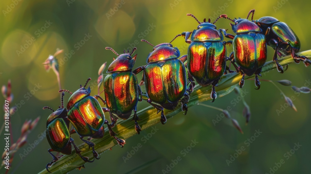 Aufkleber an enchanting scene of golden tortoise beetles clustered together on a plant stem, creating a mesmer
