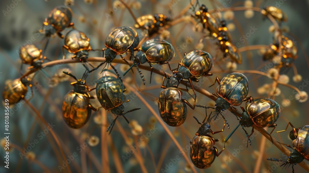 Poster An enchanting scene of golden tortoise beetles clustered together on a plant stem, creating a mesmerizing display of metallic hues.