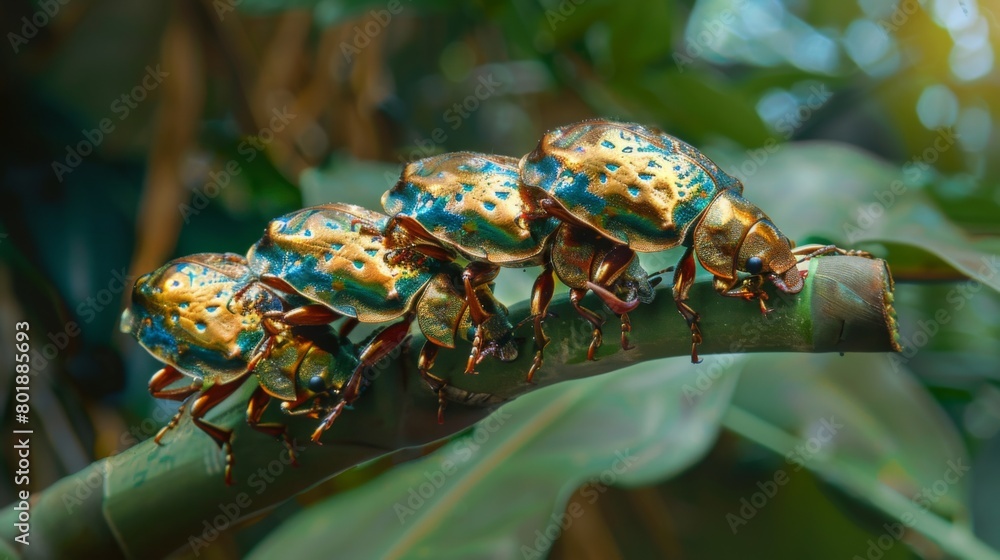 Poster an enchanting scene of golden tortoise beetles clustered together on a plant stem, creating a mesmer