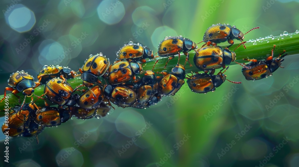 Aufkleber an enchanting scene of golden tortoise beetles clustered together on a plant stem, creating a mesmer