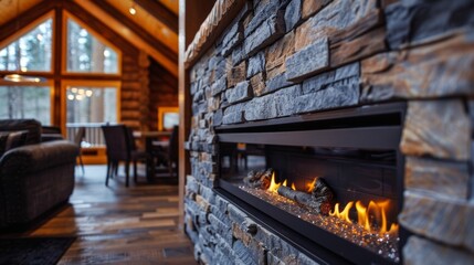 Nestled within a stone feature wall the linear gas fireplace adds rustic charm and warmth to the cozy cabin interior. 2d flat cartoon.