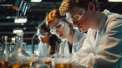 A group of chemistry students synthesizing polymers in a materials science lab, exploring their...