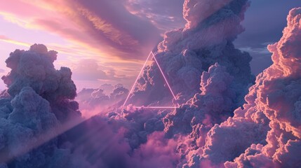 Fototapeta premium The great pink neon floating triangle beyond the sky that surrounded with cloudscape at the dawn or dusk time of the day that shine neon light and bright to the every part of the endless sky. AIGX03.