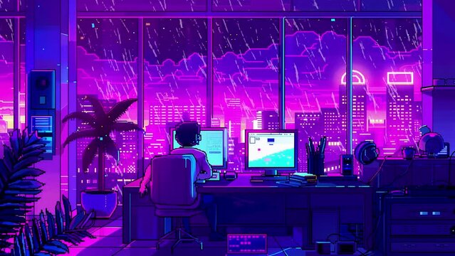 16-bit pixel art in purple and pink, a scene of a computer in a cozy room on a rainy day, with an ASMR concept.