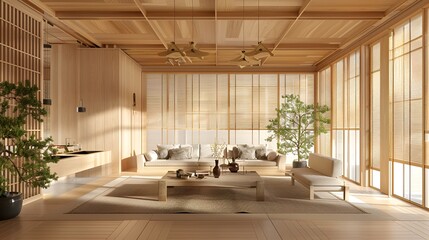 The living room features a Japanese-style natural wood design, conveys a cozy and warm atmosphere with sunlight.