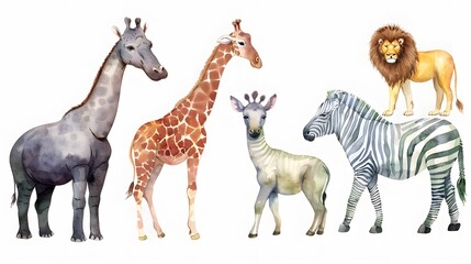  Whimsical Cartoon Illustration of Safari Animals Including Hippo, Lion, Giraffe, Elephant