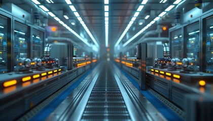 Naklejka premium AIpowered factory, robots assembling tech, cool blue tones, fluorescent lighting, long shot