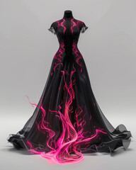 Beautiful creative dress with crazy neon lighting, front view ad mockup, isolated on a white and gray background.
