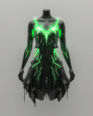 Beautiful creative dress with crazy neon lighting, front view ad mockup, isolated on a white and gray background.