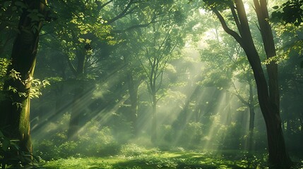 A lush green forest with sunlight streaming through the trees, casting dappled shadows on the ground. The scene has a focus on nature in the style of face.
