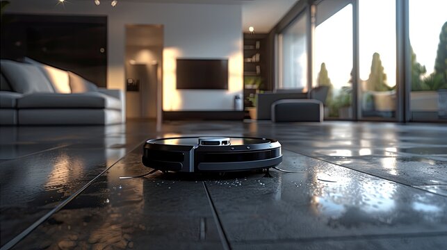 Contemporary Indoor Space with Wet Floor and Robotic Vacuum Cleaner