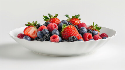 solitary bowl of vibrant mixed berries, including strawberries, blueberries, and raspberries, arranged artfully on a white porcelain dish, tempting with their freshness and juiciness.