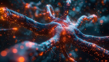 Artificial intelligence brain interface, macro shot, neural connections illuminated
