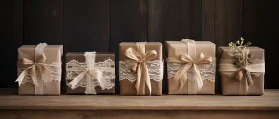 A line-up of vintage-style gift boxes, each tied with lace and burlap ribbons, for a rustic or shabby chic theme,
