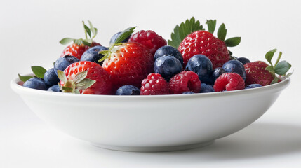 A solitary bowl of vibrant mixed berries, including strawberries, blueberries, and raspberries, arranged artfully on a white porcelain dish, 