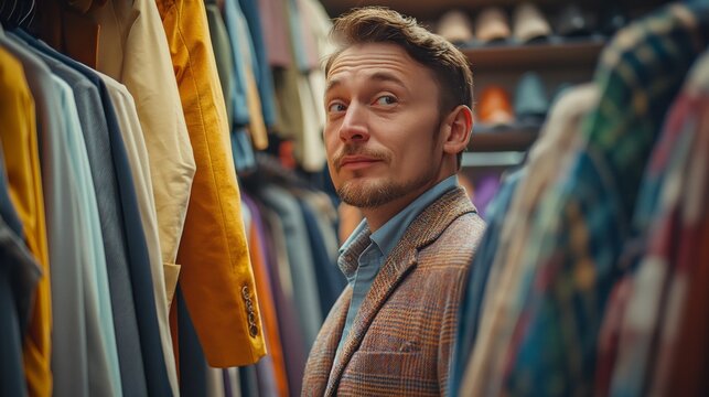 Smiling young man browsing through various jackets in a boutique, showcasing a personal style and fashion selection, Concept of modern fashion and consumer choice