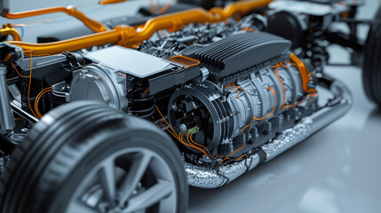 A detailed view of a hybrid car’s engine, illustrating advanced technology for reducing carbon emissions,