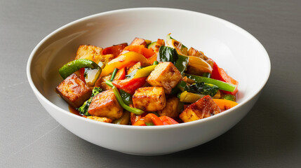 A single portion of colorful vegetable stir-fry served in a white ceramic bowl, showcasing an array of vibrant vegetables and tofu, lightly glazed with savory sauce, ready to be enjoyed 