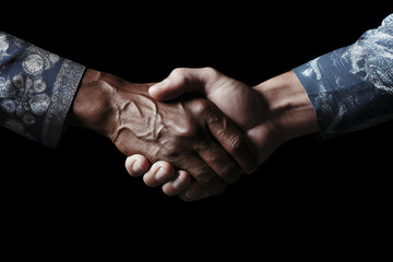 Two hands engaging in a firm handshake, symbolizing unity and diversity