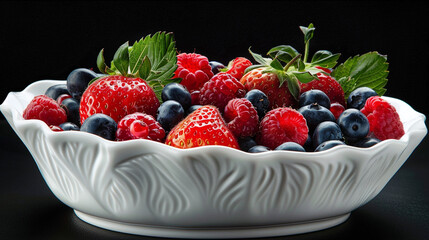 bowl of vibrant mixed berries, including strawberries, blueberries, and raspberries, arranged artfully on a white porcelain dish, tempting with their freshness and juiciness.