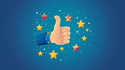 Illustration of a thumbs-up hand gesture surrounded by stars, emphasizing approval and positive feedback in a stylized representation. Concept of approval, success, and positive reinforcement.