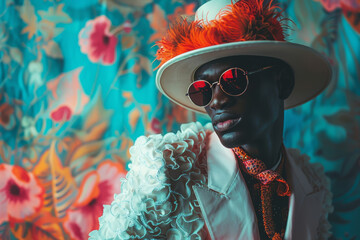 Capture a male model in a fashion editorial with a conceptual theme: avant-garde, using creative styling and props to convey the theme, mixed vintage, Art Decoratifs, and flora patterns...