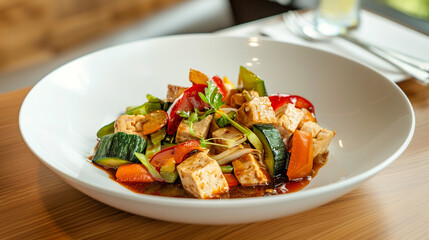 portion of colorful vegetable stir-fry served in a white ceramic bowl, showcasing an array of vibrant vegetables and tofu, lightly glazed with savory sauce