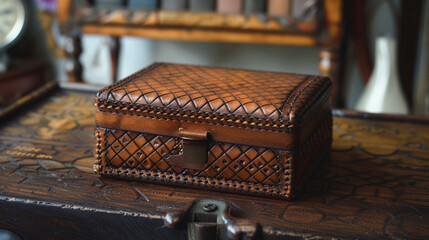 handcrafted patch box made from genuine leather, with embossed patterns and stitching detail adding a touch of elegance and craftsmanship 