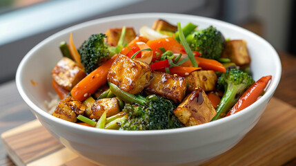 portion of colorful vegetable stir-fry served in a white ceramic bowl, showcasing an array of vibrant vegetables and tofu, lightly glazed with savory sauce, ready to be enjoyed as a nutritious meal.